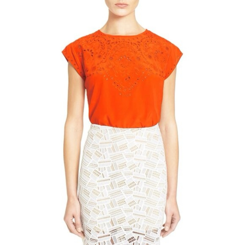Veronica Beard SIZE 2 100% silk Melia embroidered eyelet lace shell top in coral